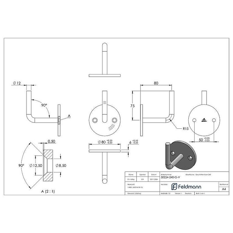 Handrail bracket for welding (round plate and bracket welded), AISI304