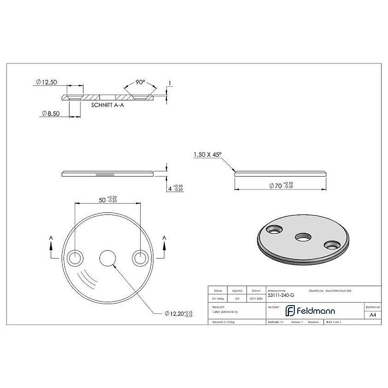 Round plate Ø 70x4mm, with round grinding, AISI304
