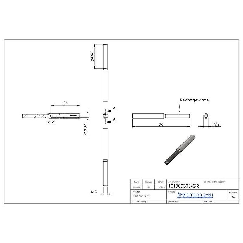 Gewindeterminal für Seil 3mm, V2A