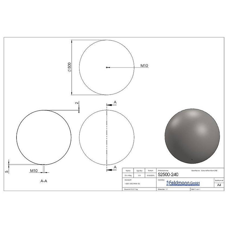 hollow ball Ø 500mm with M10 thread, AISI304