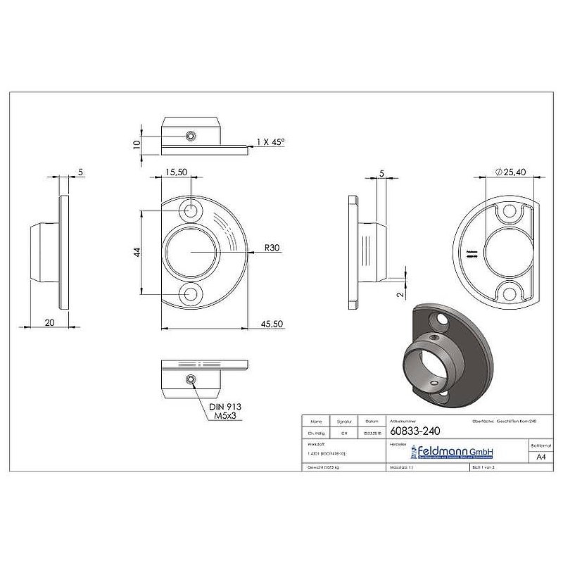 Wandanker, für Rohr 25,0mm, V2A