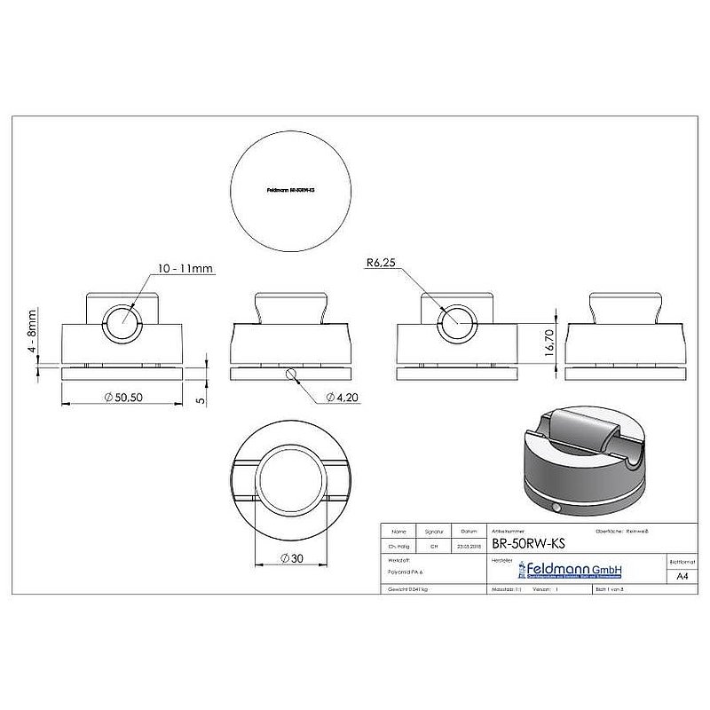 Brenk, Point de fixation pour verre Ø 50mm, plastique, blanc pur