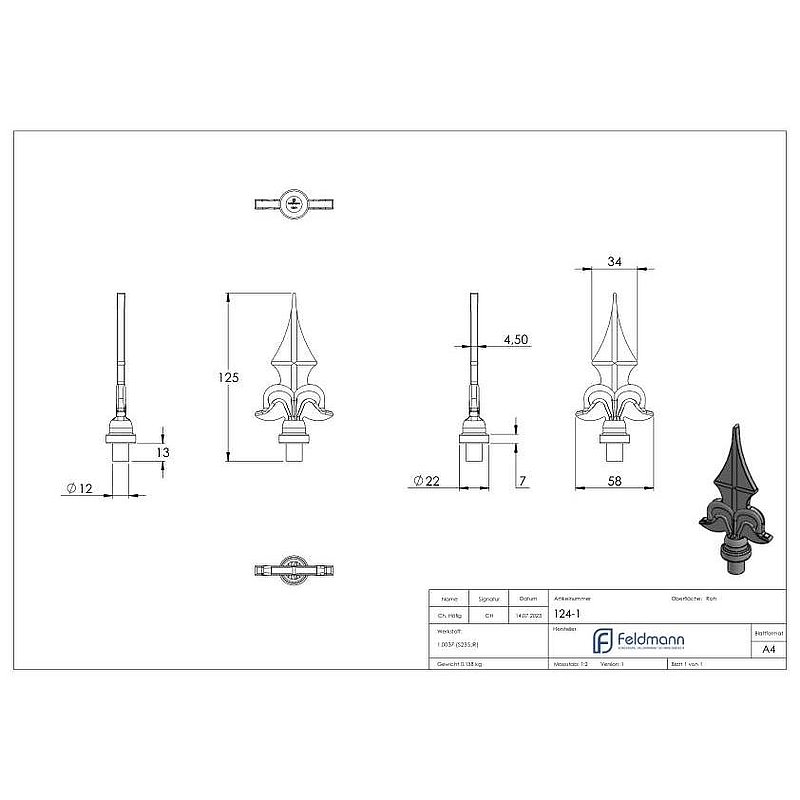 Elément d'ornement en fer de lance 12mm, H : 125mm