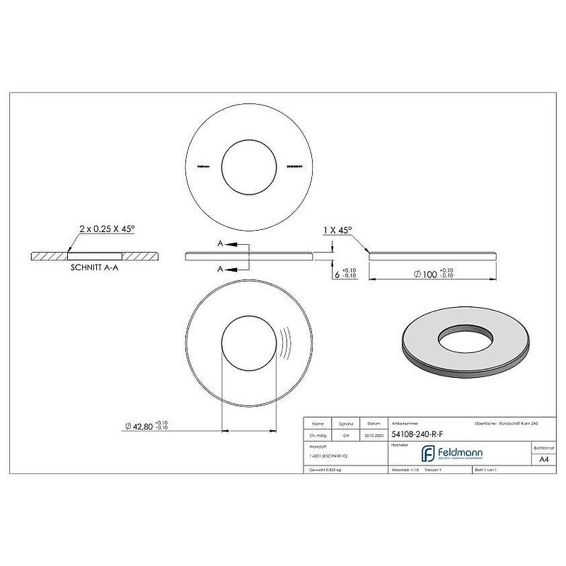 Plaque d'ancrage Ø 100x6mm, avec ponçage circulaire et chanfrein, V2A
