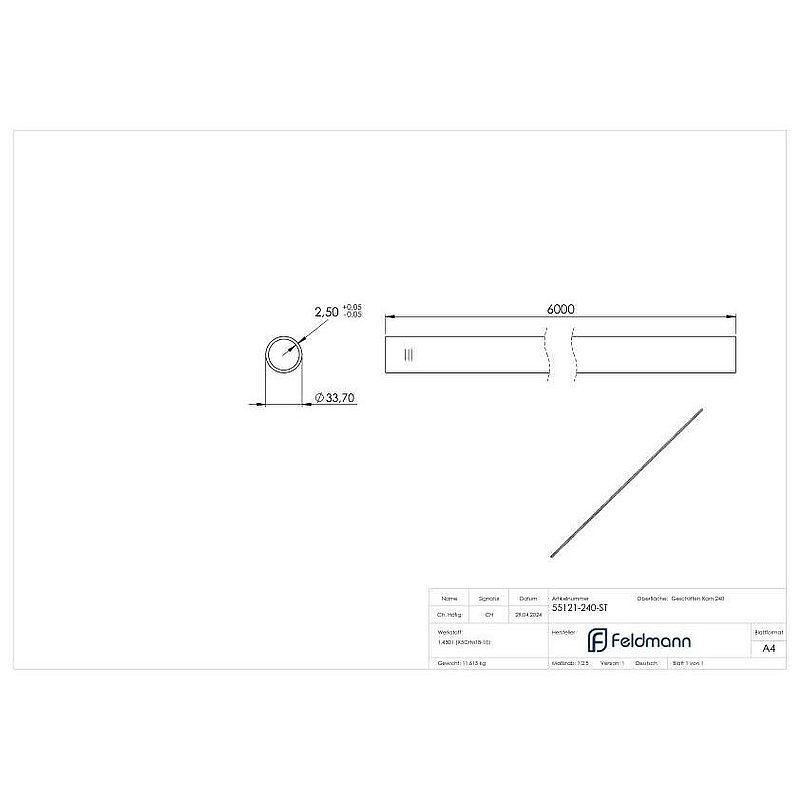 Edelstahlrohr, 33,7 x 2,5mm, L=6m, Korn 240 geschliffen, V2A