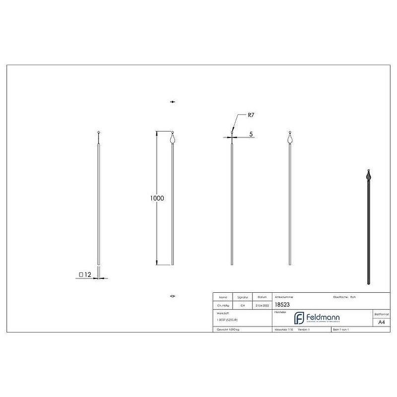 Zaunstab 12x12mm, H: 1000mm, Spitze und Kugel