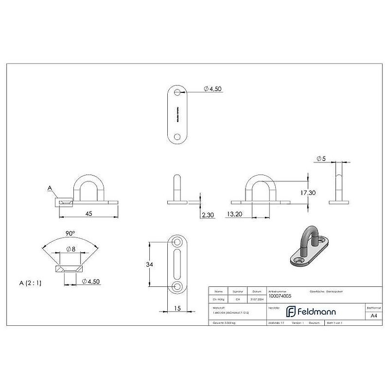 Fixing eyelet with oval plate AISI316
