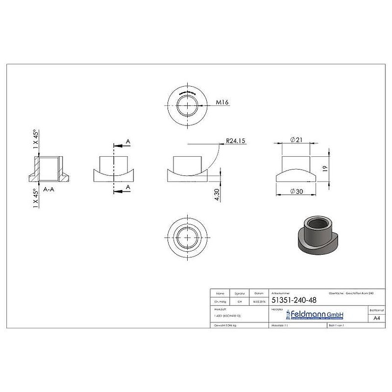 Douille taraudée, adapté au gond 120-M16-VA, pour tube Ø 48,3mm, V2A
