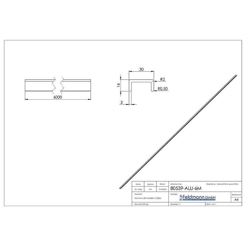 Aluminium U-profile, 30x14x3mm, L: 6000mm