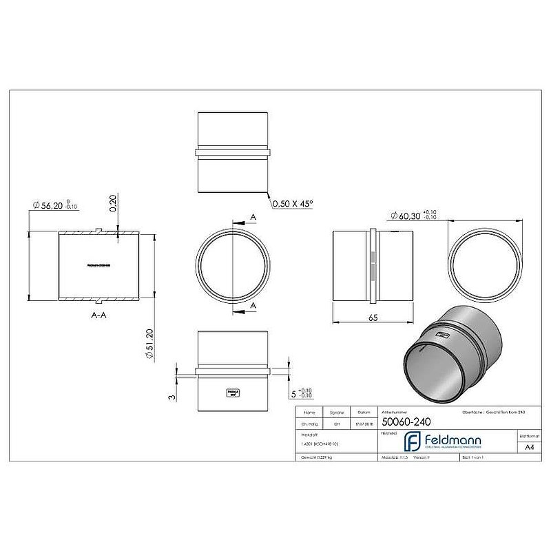 Verbindungsstück für Rohr 60,3x2,0mm, V2A