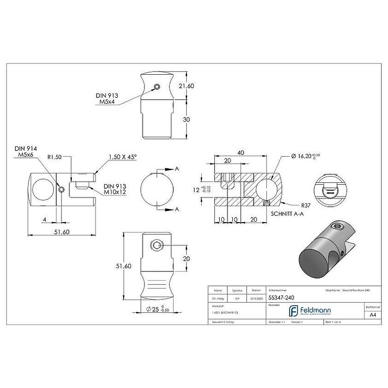 Plattenhalter mit Bohrung 16,2mm, V2A