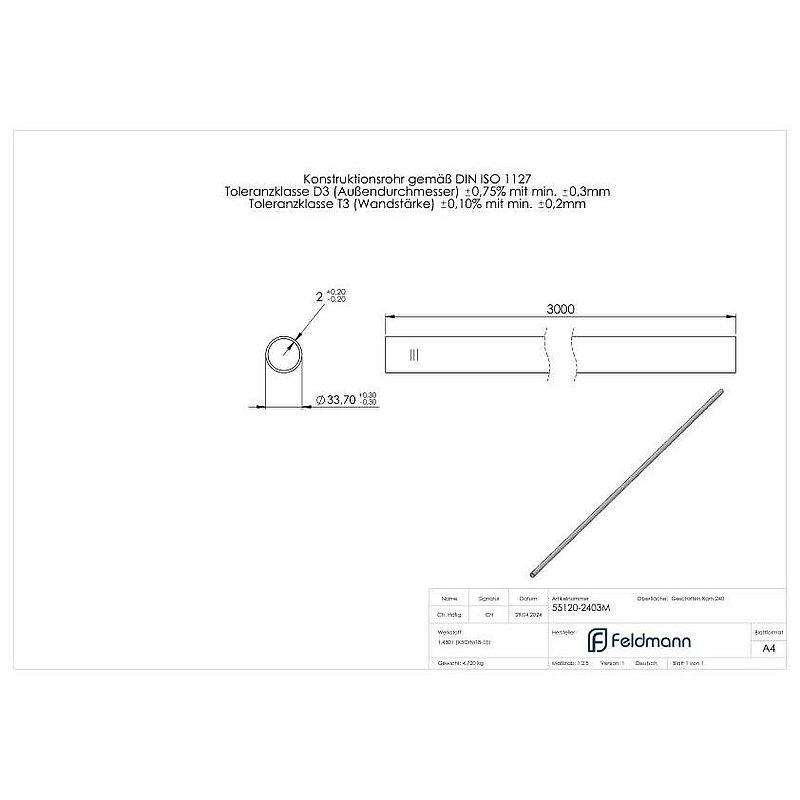 Stainless steel tube, 33,7x2,0mm, L: 3000mm, AISI304