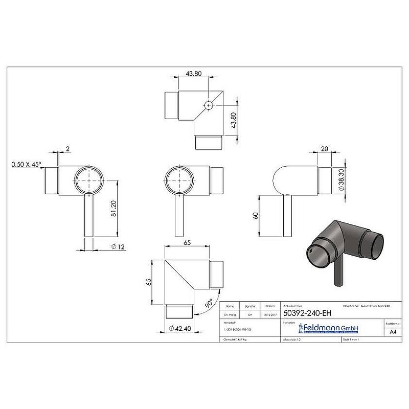 Steckecke mit Stift für Rohr 42,4x2,0mm, V2A