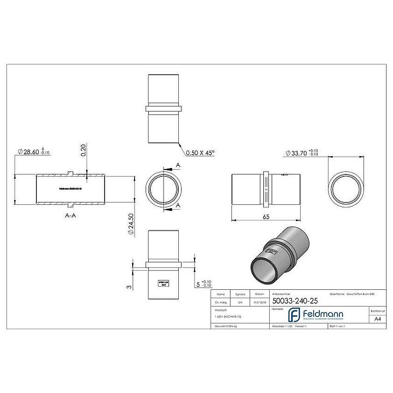 Raccord pour tube Ø 33,7x2,5mm, V2A