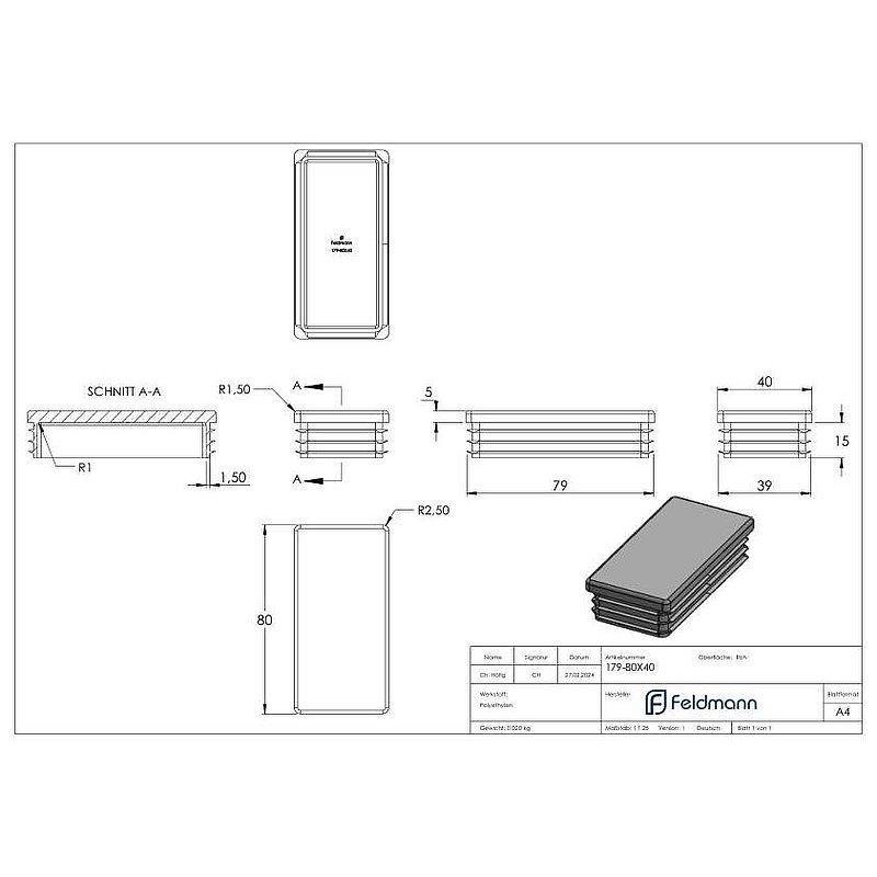 Kunststoffkappe für Rechteckrohr 80x40mm