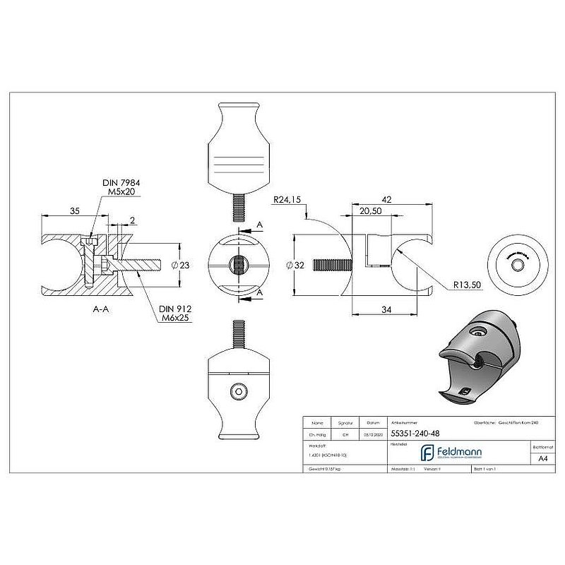Holder for round clamping profile 27mm Connection: 48.3mm, AISI304