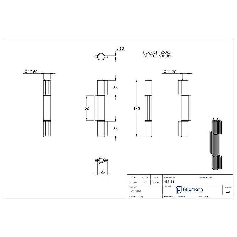 Weld-on hinge 3-piece heavy