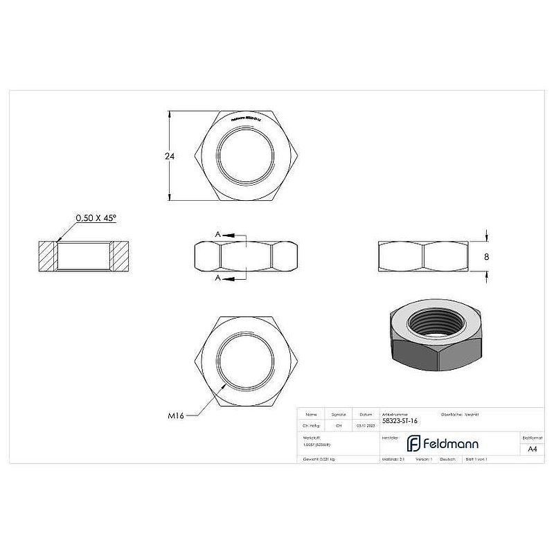 Sechskantmutter M16, flache Form