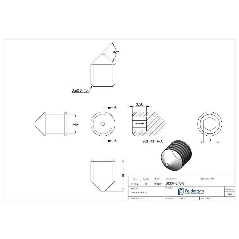 Gewindestift M6x8, V2A, DIN 914 / ISO 4027