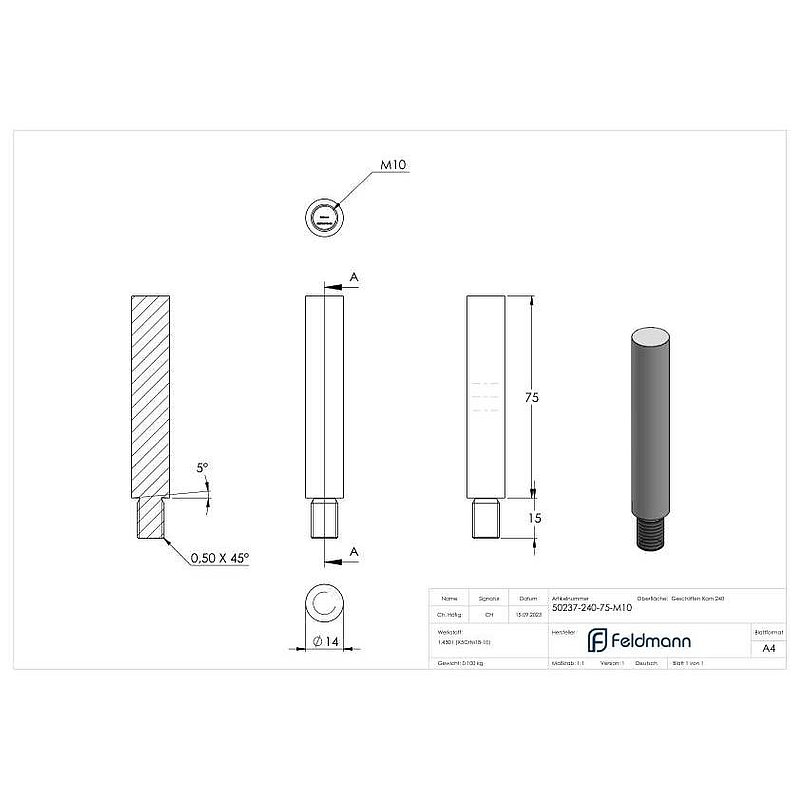 Stift Ø 14mm, L: 75mm, V2A
