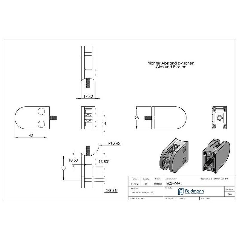 Pince à verre modèle 16, jonction: 26,9mm, V4A