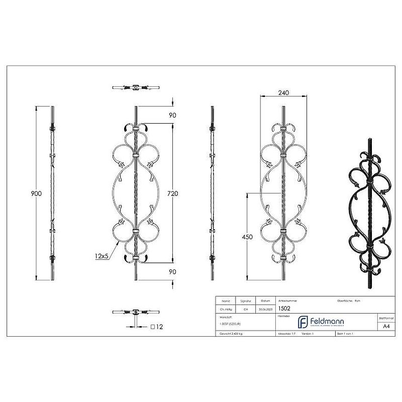 Zierstab 12x12mm, gerillt, Barock, H: 900mm