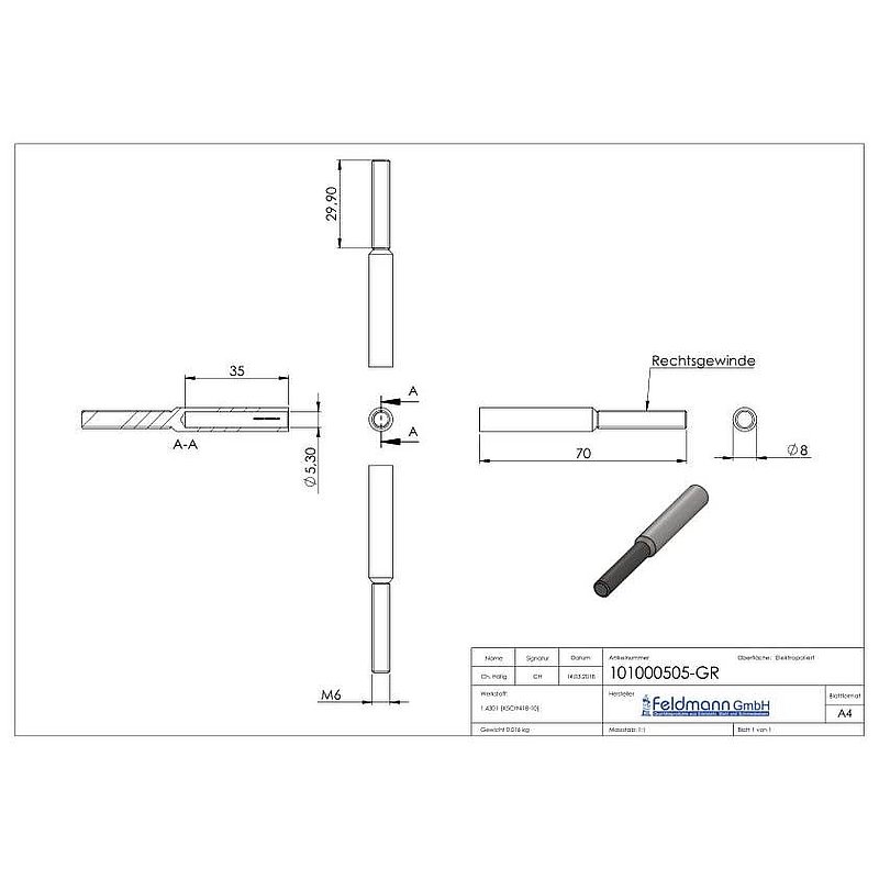 Embout fileté à sertir pour câble 5mm, V2A