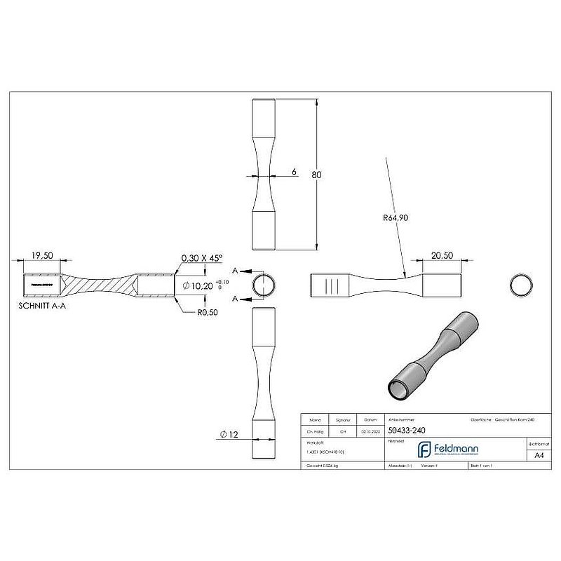 Round bar connector (for bending), for 10mm round, AISI304