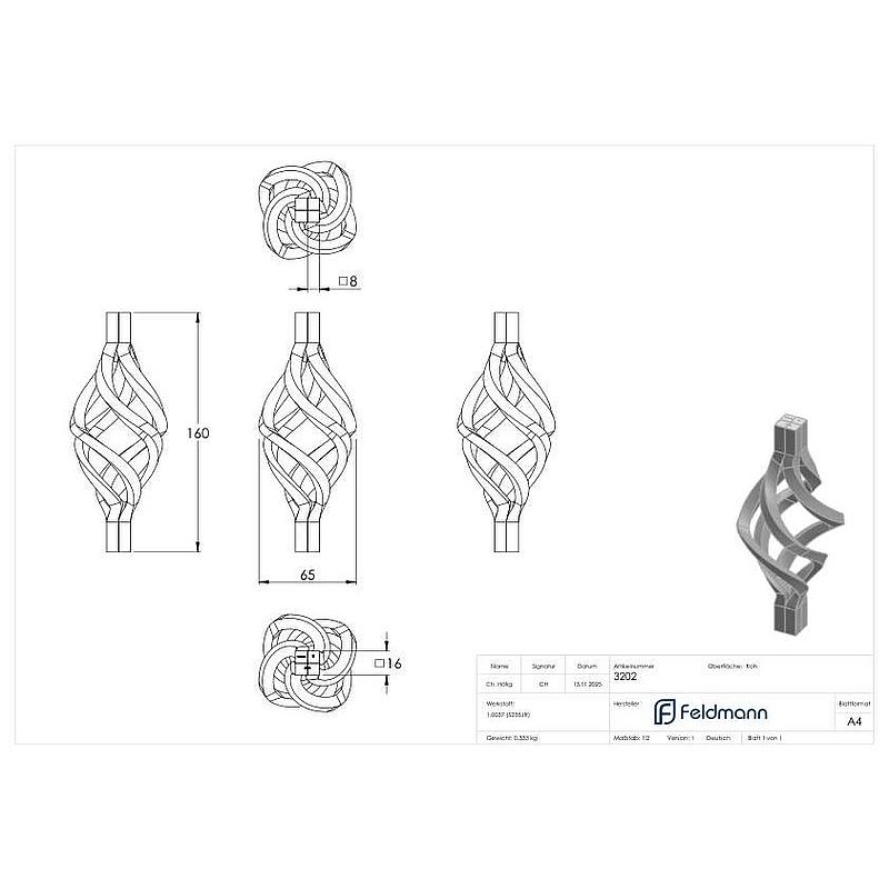 Twirled cone 4x8x8mm, 160x65mm