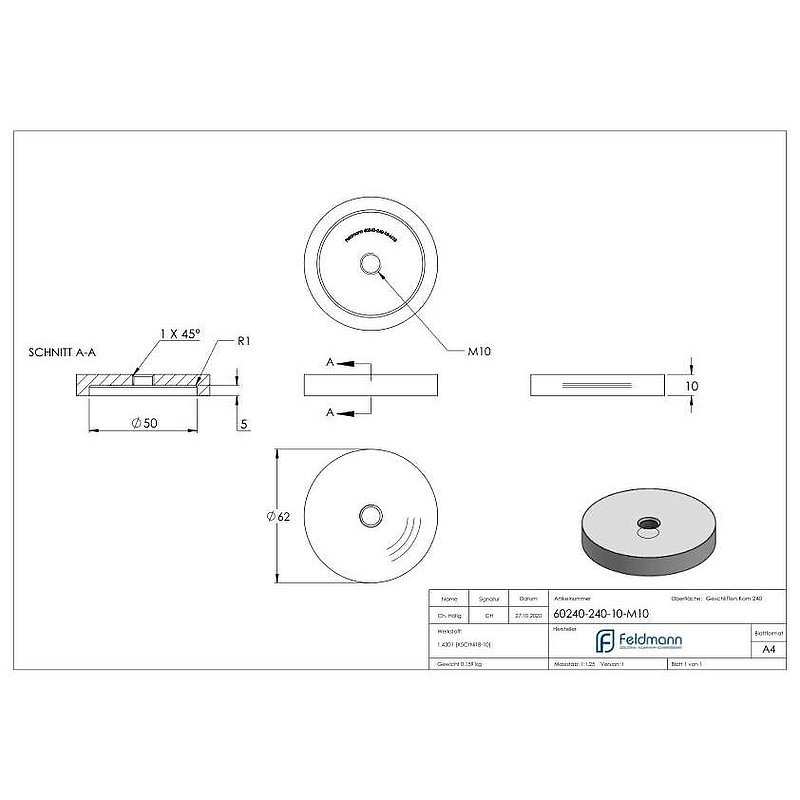 Partie inférieure pour point de fixation 62mm, ép.: 10mm, avec M10, V2A