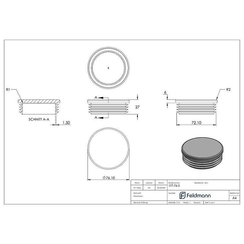 Kunststoffkappe für Rundrohr 76,1mm