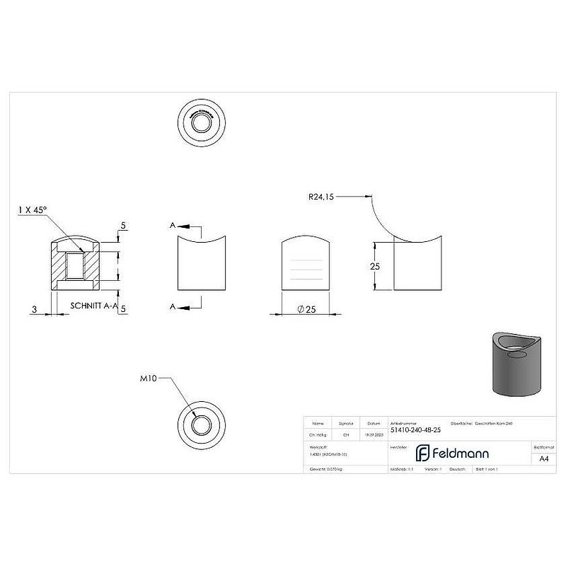 Wall bracket for tube 48.3mm, L: 25mm, AISI304