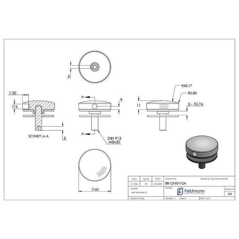 Point de fixation pour verre Ø 40mm, adapté pour les supports Brenk, V2A