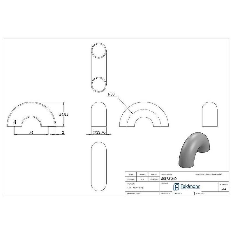 Schweißbogen 180°, 33,7x2,0mm, V2A