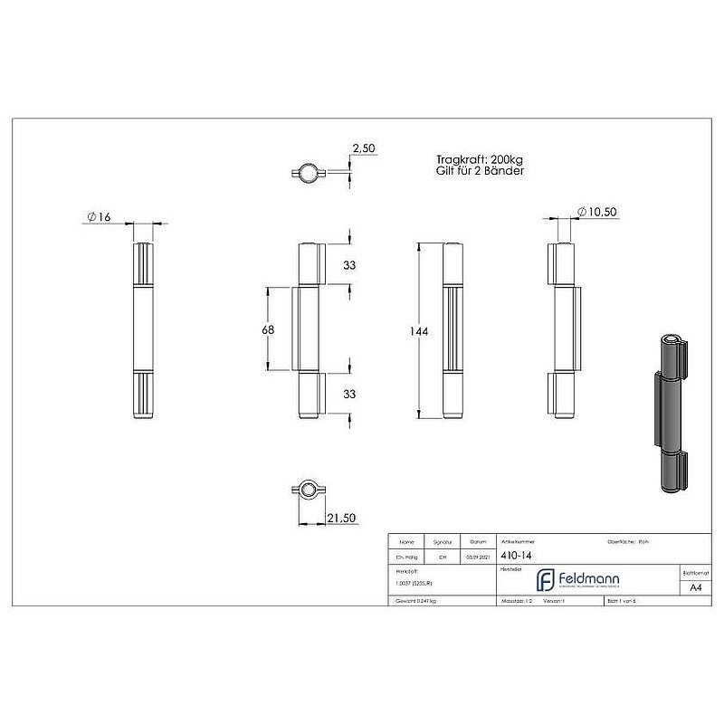 Weld-on hinge 3-piece