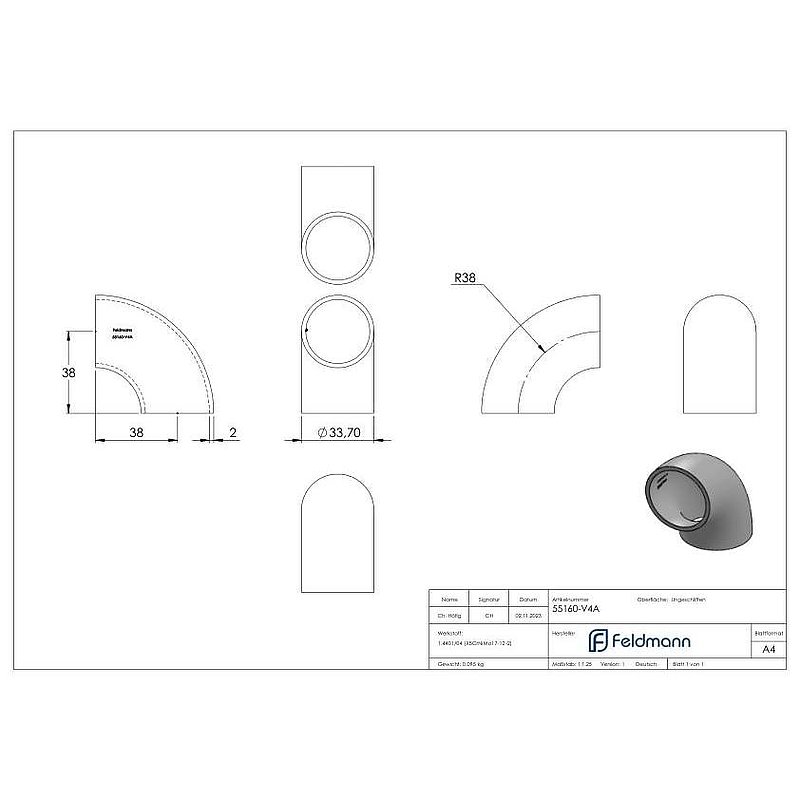 Schweißbogen 90°, 33,7 x 2,0mm, ungeschliffen, V4A