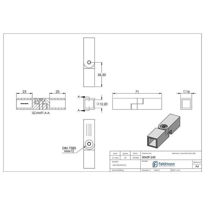Verbinder mit Gelenk für Vierkant 12x12mm, V2A