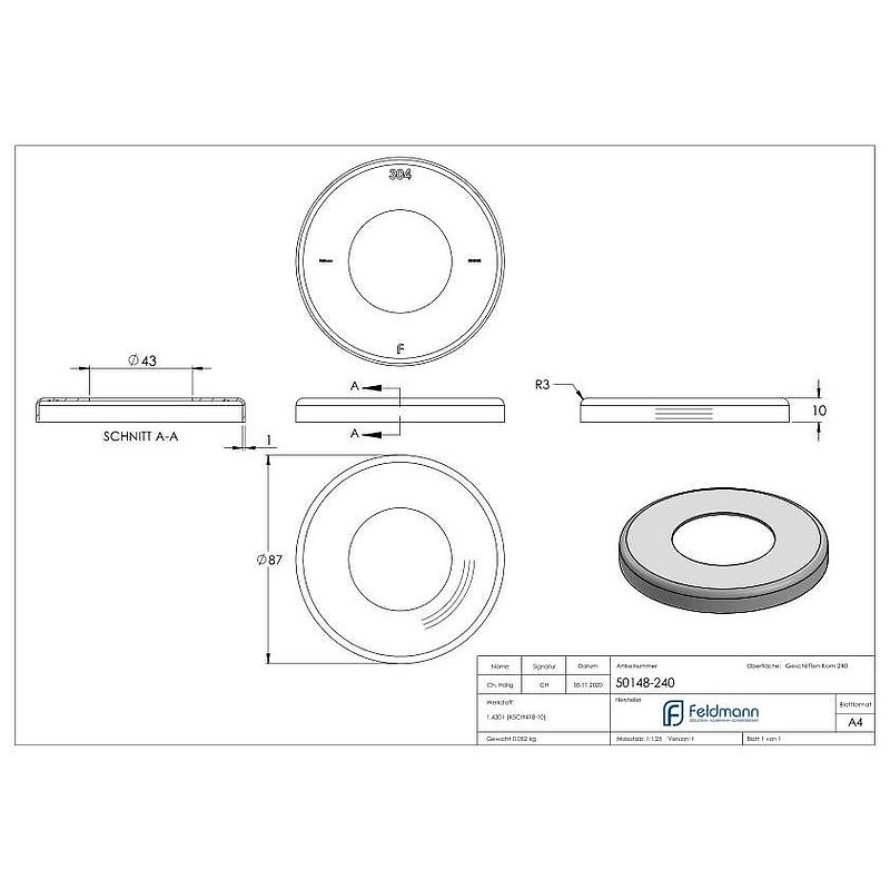 Cover rosette, 87x10mm, bore 43mm, AISI304