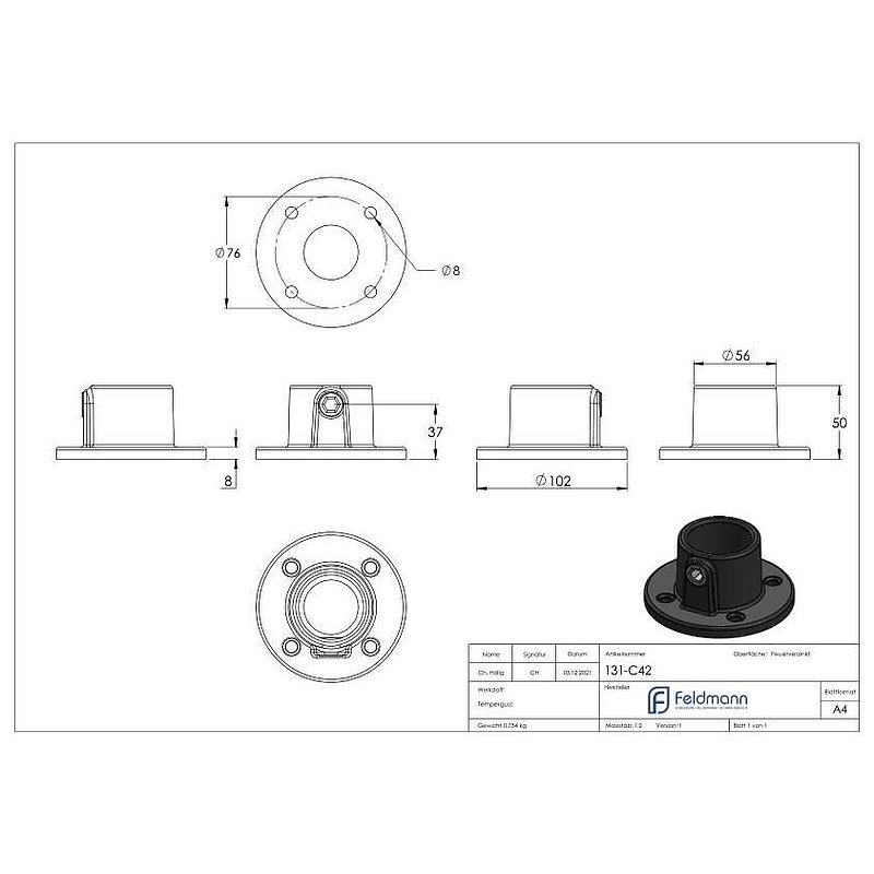 Wall bracket with 4 holes, for pipe Ø 42.4 mm