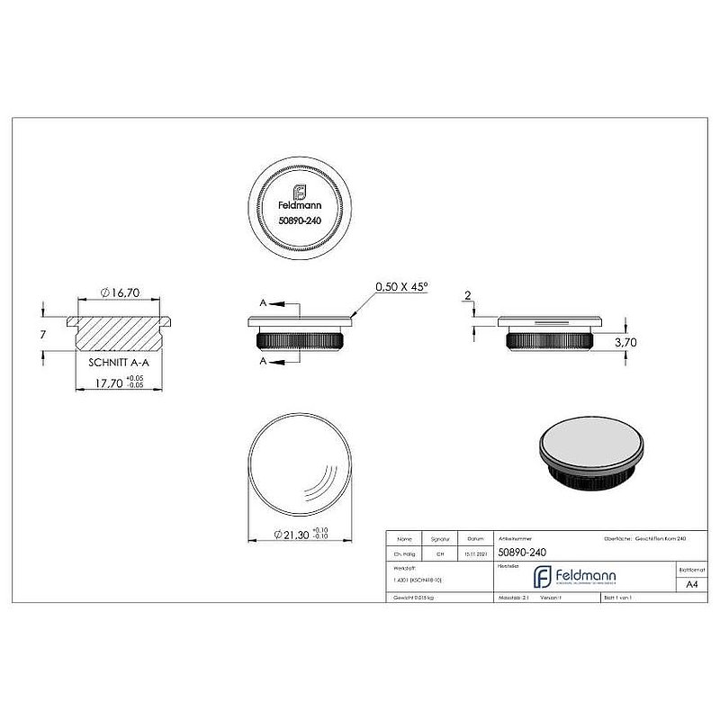Bouchon pour extrémité de tube, pour tube 21,3x2,0mm, V2A
