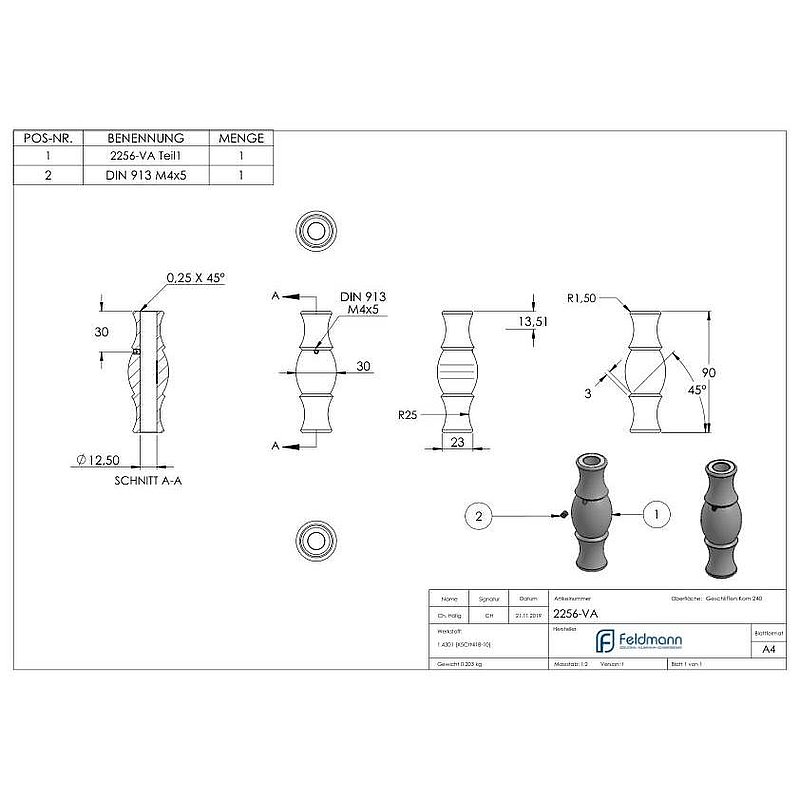 Douille décorative avec trou de passage Ø 12,5mm, V2A