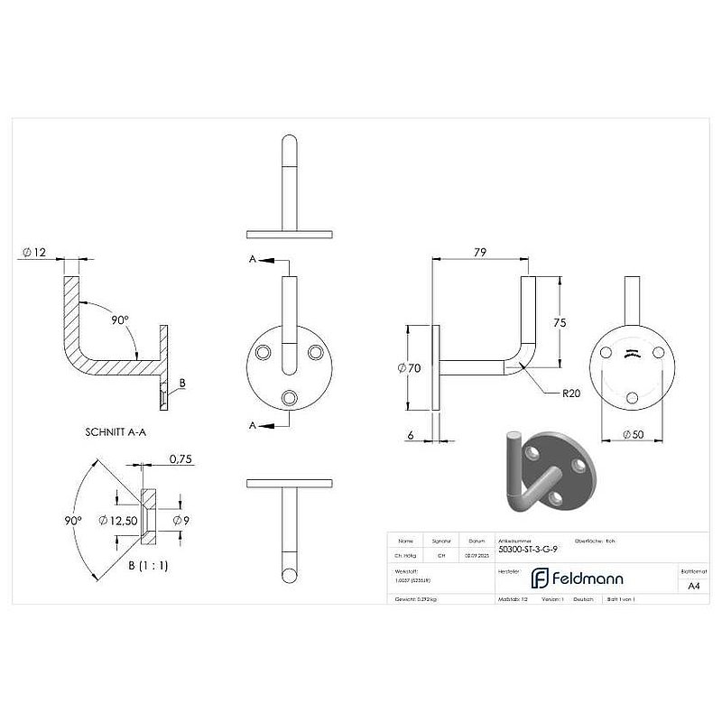 Handlaufträger mit Ronde flach, 70x6mm