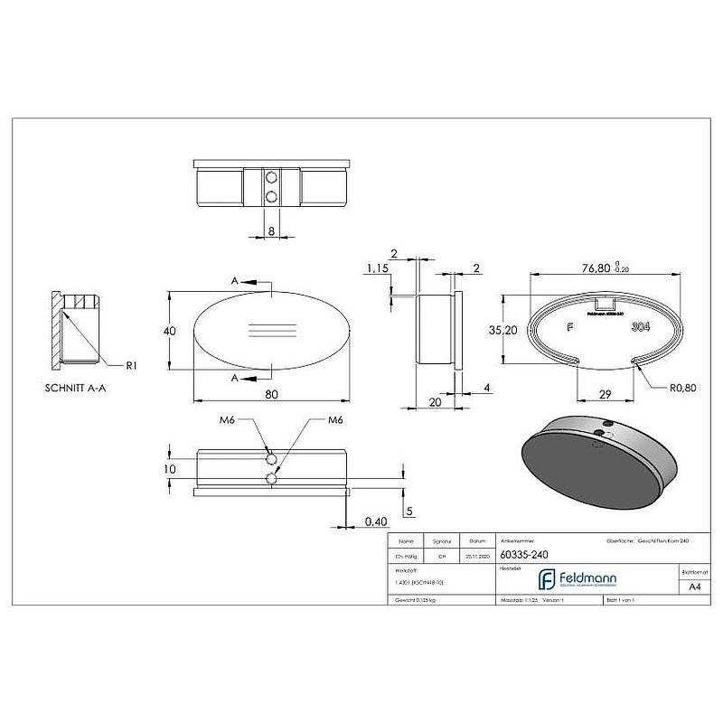 Embout, plat, pour tube ovale à fond de gorge, V2A