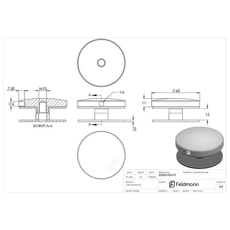 Partie supérieure pour point de fixation 62mm, V2A
