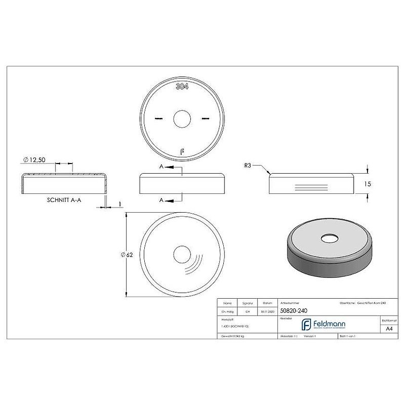 Rosace de recouvrement, 62x15mm, perçage Ø 12.5mm, V2A
