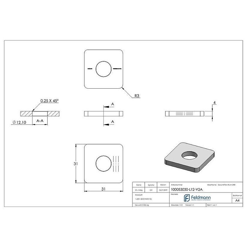 Push-in cap for square tube 30x30 with hole, AISI304