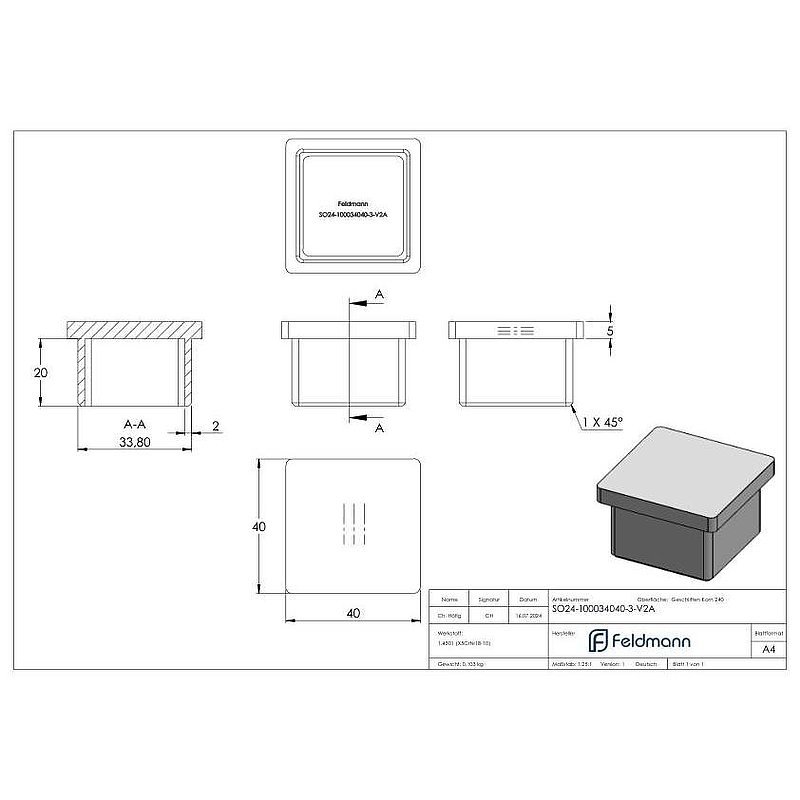 Einsteckkappe, für Rohr 40x40x3,0mm, V2A