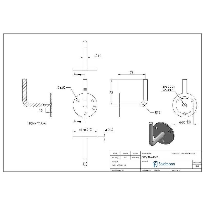 Handrail bracket for welding (round plate and bracket screwed together), AISI304