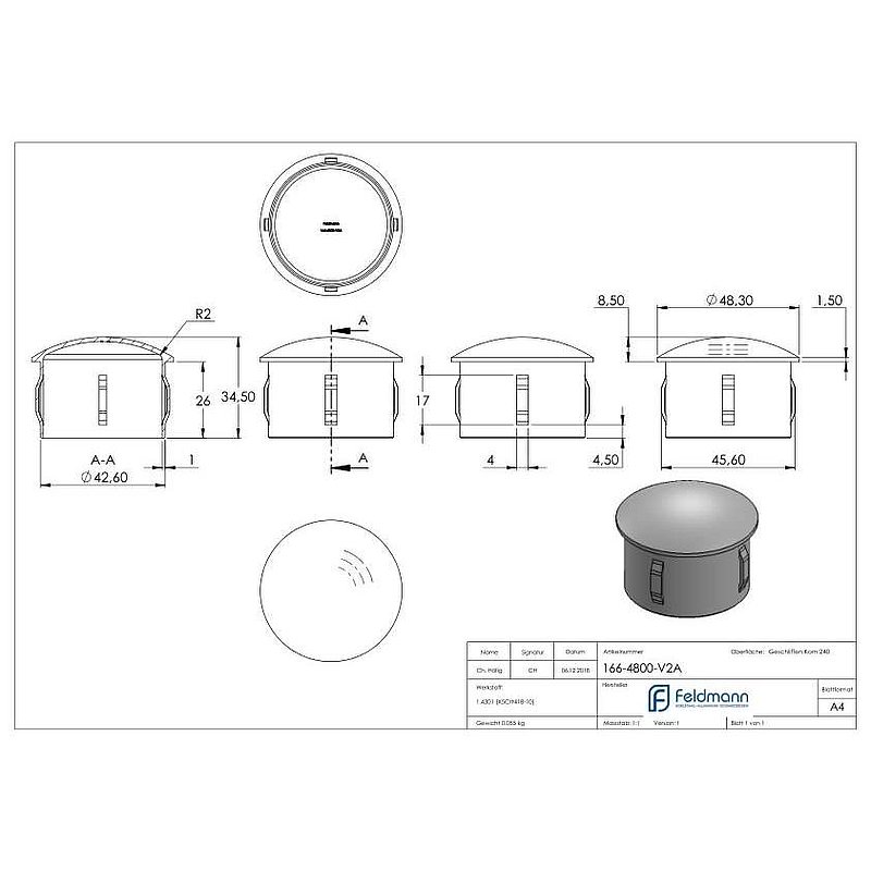 Rohrabschlussstopfen, für Rohr 48,3x2,0 - 2,5mm, V2A