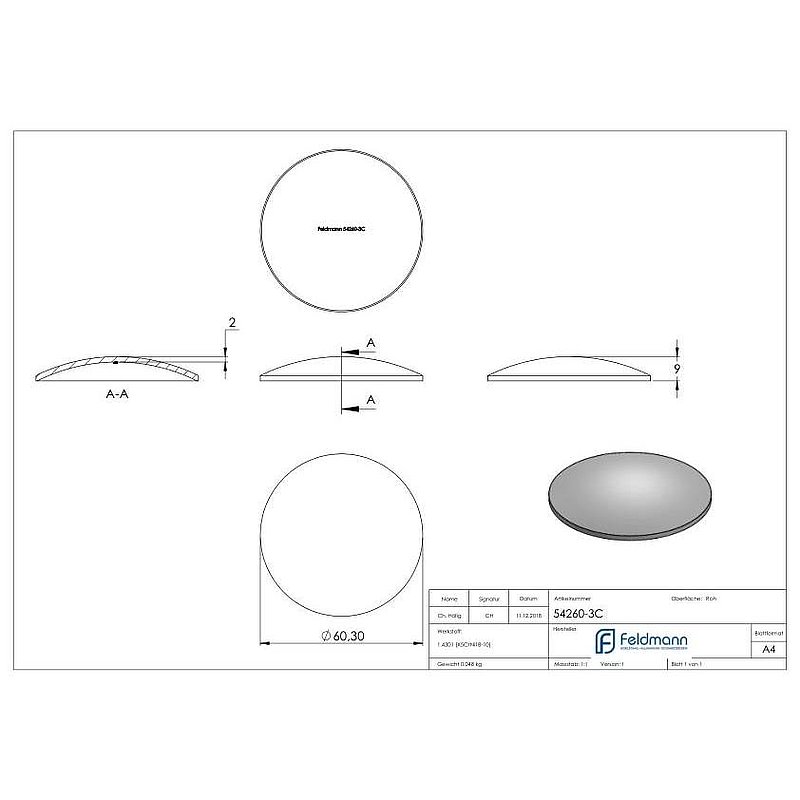 Gewölbte Schale Ø 60,3x2,0mm, H: 9mm, V2A